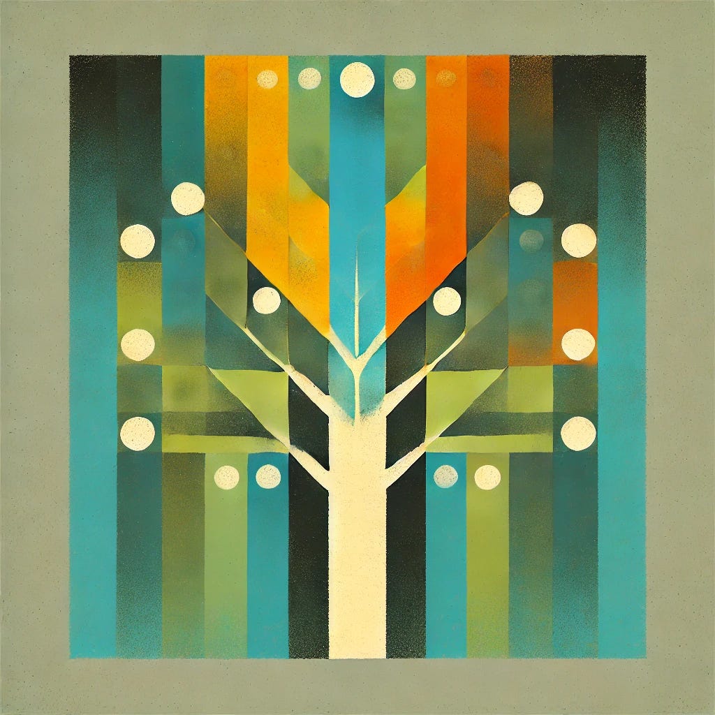 A highly abstract and minimalist painting symbolizing the relationship between democracy and economic growth. The central object is reduced to basic shapes—an abstract geometric form resembling a tree with branching lines—using subtle contrasts of yellow, orange, and red to suggest growth. The background is a flattened, two-dimensional field of cool greens, blues, and black with irregular shapes and soft brushstrokes, representing a harmonious yet complex environment. The design emphasizes simplicity, playfulness, and balance, with no clear sense of depth, focusing on abstract forms and vivid color contrasts.