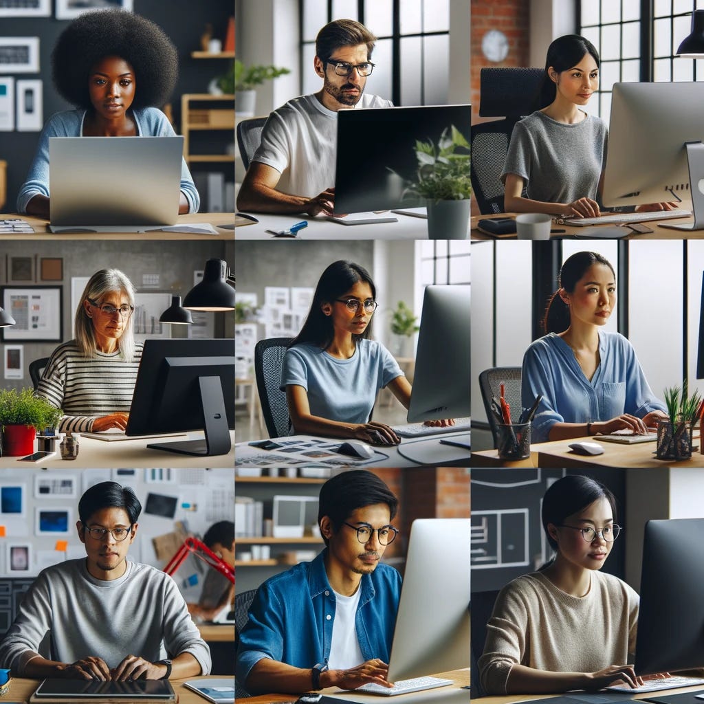 A collage of diverse individuals working at their computers in various settings. The collage includes a young Black woman in a modern office space, a middle-aged South Asian man in a home office, a Hispanic woman in a creative studio, and an East Asian man in a tech startup environment. Each individual is focused on their computer screen, showcasing different professions like programming, graphic design, data analysis, and digital marketing. The backgrounds vary from sleek office spaces with large windows to cozy home setups with personal touches.