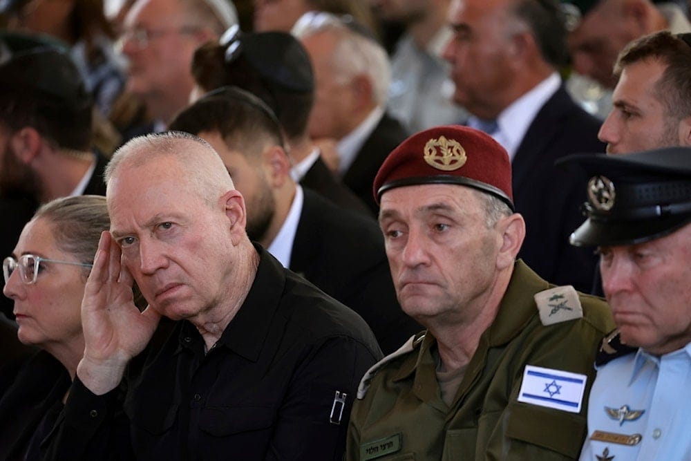 Defense Minister Yoav Gallant, Chief of the General Staff Lieutenant-General Herzi Halevi, and interim Police Chief Avshalom Peled in occupied al-Quds, 'Israel', October 27, 2024. (AP)