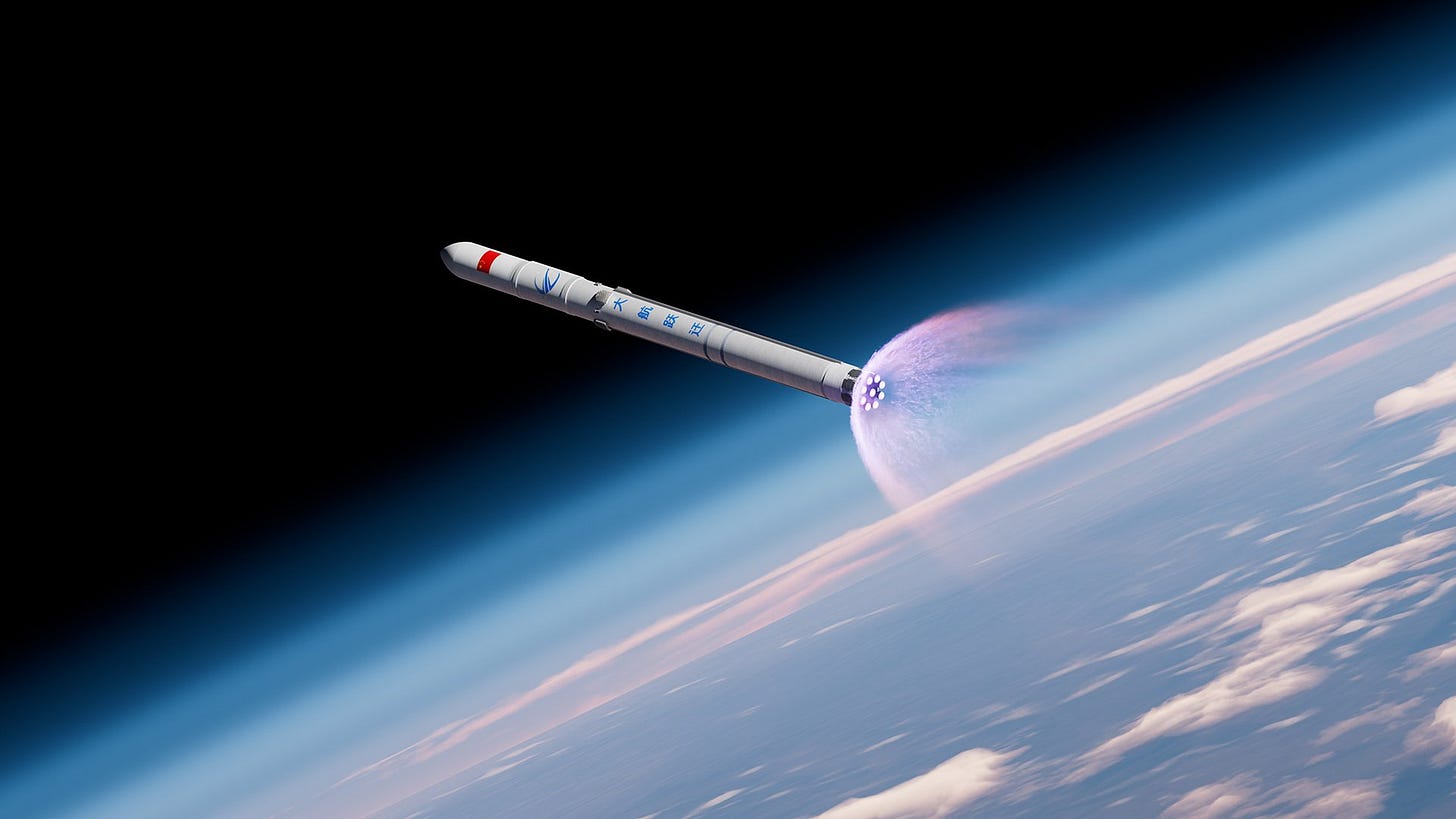 A render of Cosmoleap’s launch vehicle during first-stage flight.