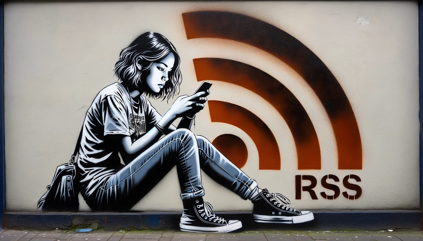 Create a stencil-style graffiti mural on a wall depicting a young woman dressed in casual clothes, deeply engrossed in reading news on her mobile phone. The background features a large, prominently displayed RSS logo, symbolizing a news feed source. The young woman has medium-length hair and wears jeans and a t-shirt. The setting is urban, with the RSS logo artistically integrated into the scene, appearing as if it's emitting the news directly to her phone. The overall composition combines modern technology themes with street art aesthetics, emphasizing the impact of digital media in daily life, formatted in 16:9.
