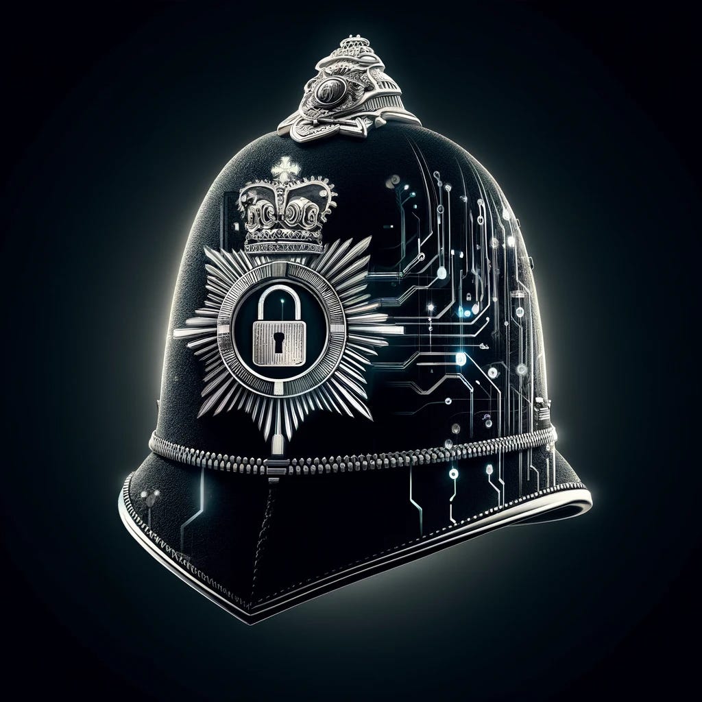 An artistic interpretation of a traditional British policeman's helmet blended with digital encryption elements. This version emphasizes a sleek, modern take, with the black helmet featuring intricate designs of digital locks and encrypted code flowing across its surface. The encryption motifs are more pronounced, with glowing lines and cybernetic patterns that represent a high-tech security theme. The helmet retains its iconic shape but is visually transformed to symbolize the melding of traditional policing with advanced digital technologies.