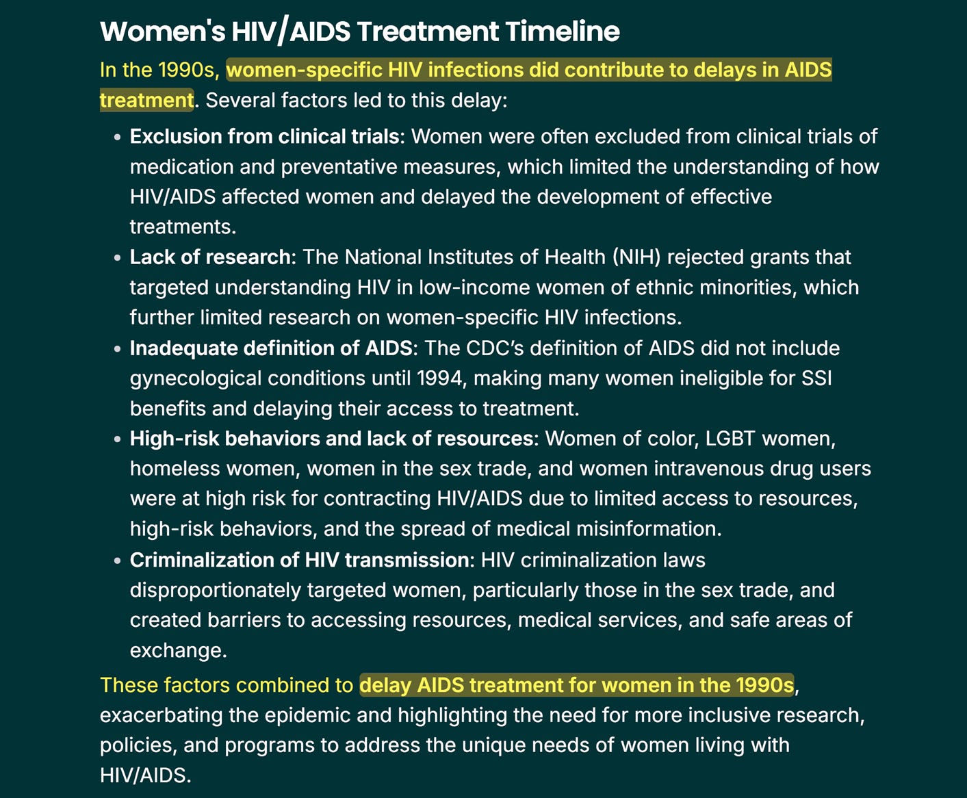 The image is a Timeline of 1990s Disparities in Women’s HIV/AIDS Treatments via Brave browser’s AI search engine with results at the following link: https://tinyurl.com/d6hh2cj3.