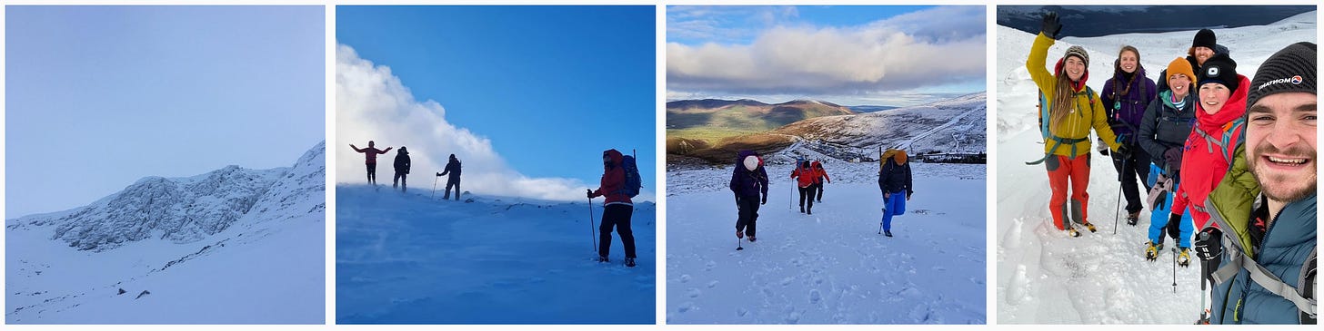 Images: 1. A gully in the northern corries; 2. Up towards Fiacaill a’ Choire Cas ridge with spindrift and 40+mph winds; 3. Heading up the hill, with Rothiemurchus Forest and more non-snowy hills in the distance; 4. Our winter skills group with guide Alice Kerr.