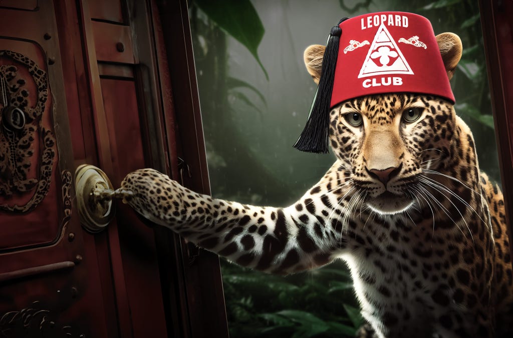 "Autistic Leopard Enters the Club," digital illustration by the author. Digital tools include AI. A leopard with realistic human-like eyes and facial expressions is opening a an ornate dark wooden door into a club. The leopard is wearing a red fez hat with the text "LEOPARD CLUB." The image suggests themes of membership and identity, akin to the discussion of identity groups versus individuality in the context of neurodiversity, as highlighted in the podcast episode "Autism? It's a State of Being. NOT an Identity Group."