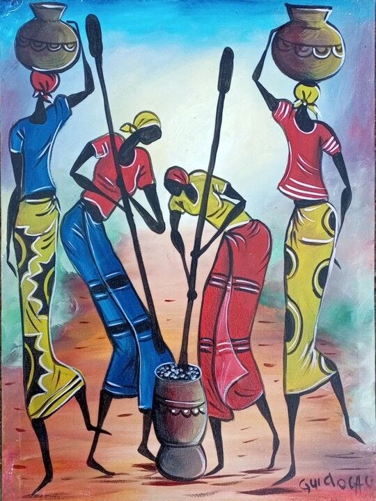 African women, mortar and pestle, water pots