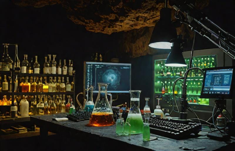 AI prompt "dark chemistry lab in a cave with computer screen and bubbling flask"