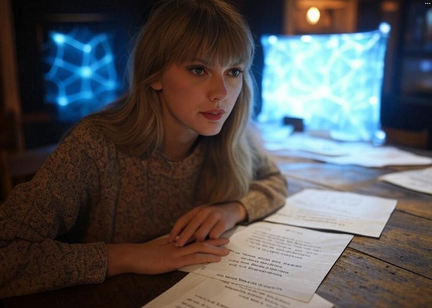 Stylized image of Taylor Swift with lyrics scattered on napkins, and a digital interface displaying a neural net
