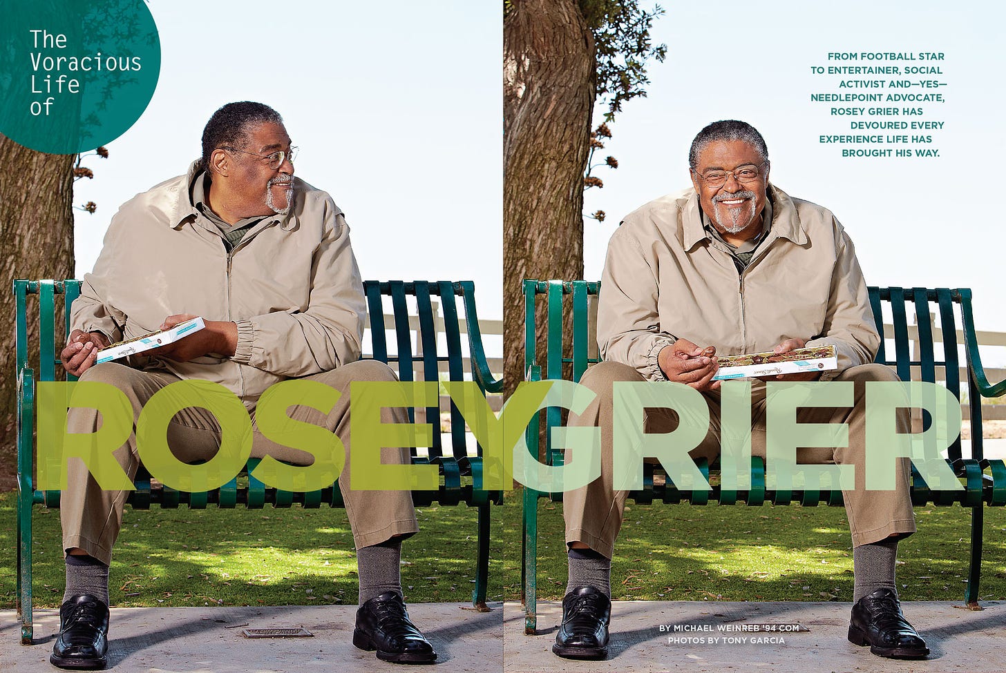 two side by side photos of Rosey Grier sitting on a park bench by Tony Garcia