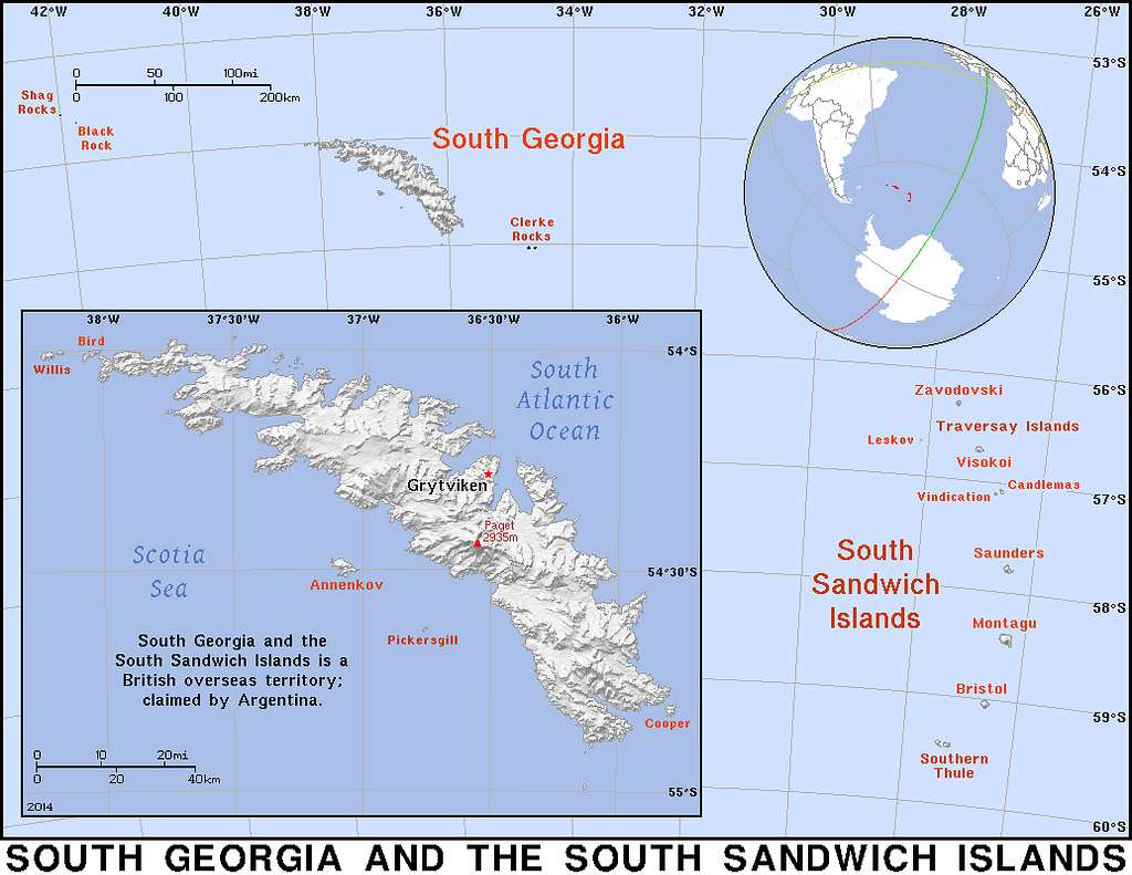 Series of maps showing South Georgia is an island quite a long way off the southernmost tip of South America, and then a larger scale map of South Georgia and the South Sandwich Islands, and finally an inset of South Georgia,