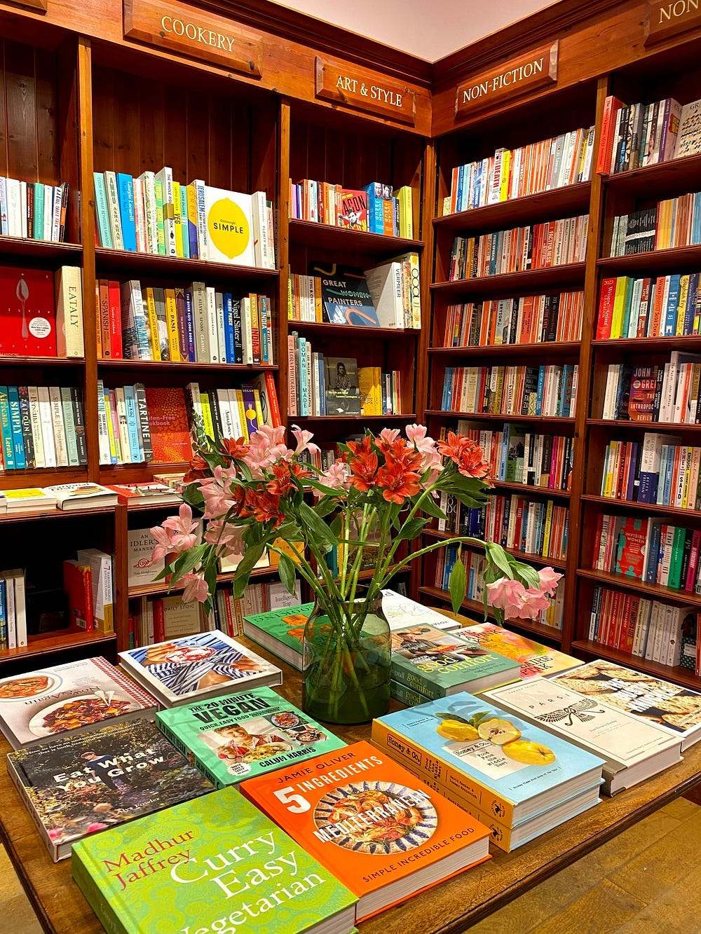 New books on display in a store or library.