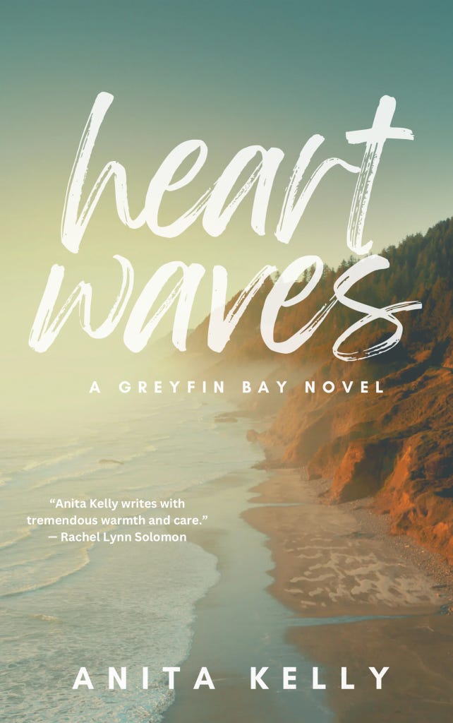 Cover of Heartwaves by Anita Kelly, which features a dreamy green ombre sky over a frothy, rocky beach