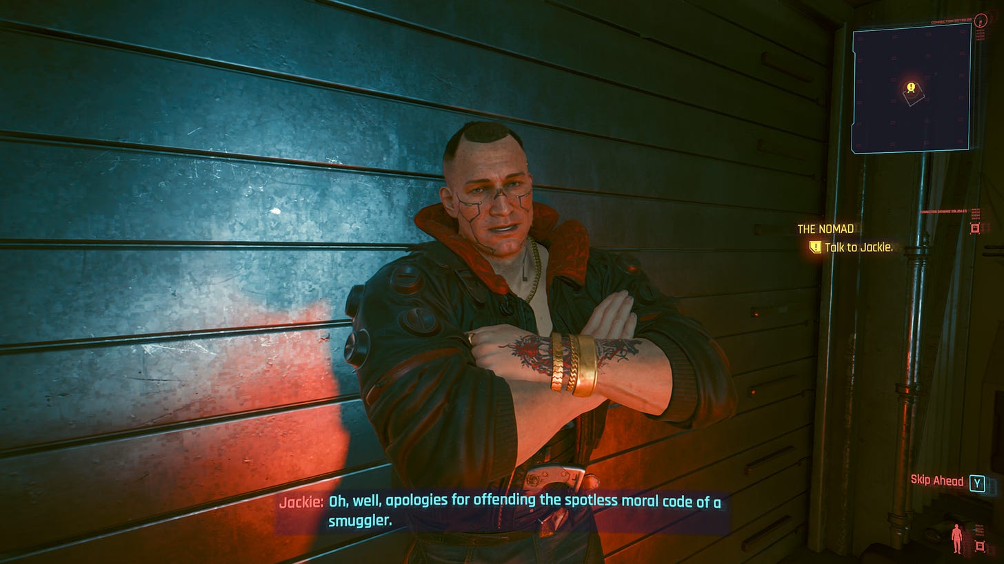 A screenshot of the game Cyberpunk 2077, showing Jackie Welles in a garage with his back to the door, saying "Oh, well, apologies for offending the spotless moral code of a smuggler."