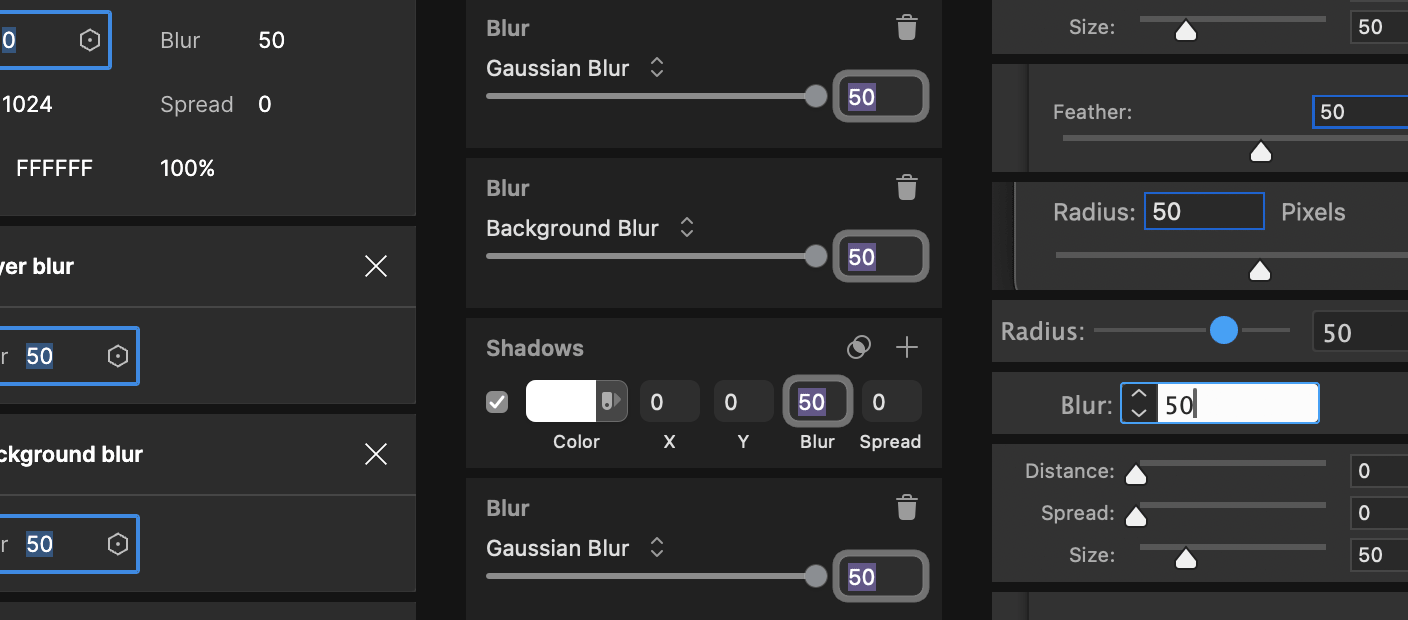 Screenshots of the various blur size controls in Figma, Sketch, Illustrator, and Photoshop