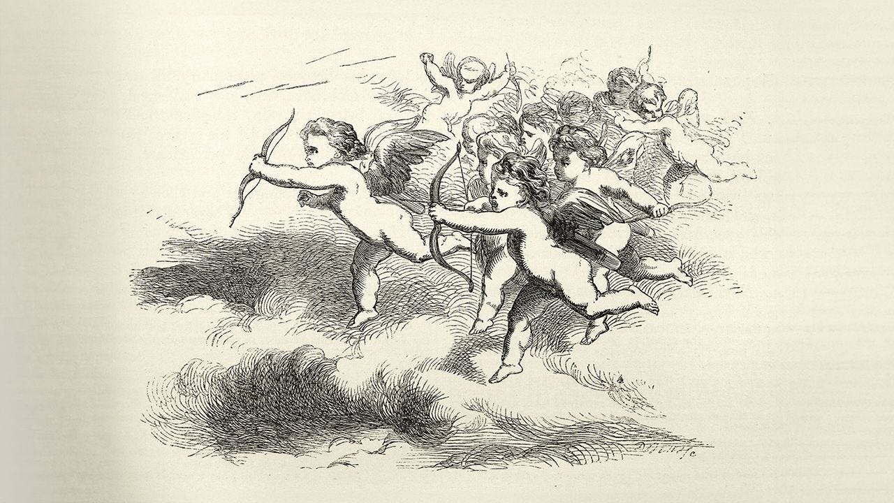 An illustration of a group of cupids with their bows.