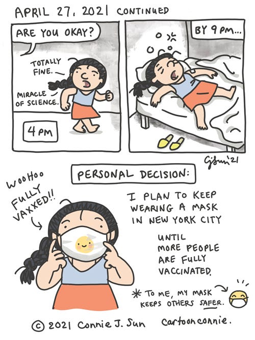 Second Vaccine Dose (page 2) Page 2 of a journal comic about getting my second vaccine dose in NYC, side effects, and why I wear a mask during a pandemic, comic page, illustration by Connie Sun, cartoonconnie