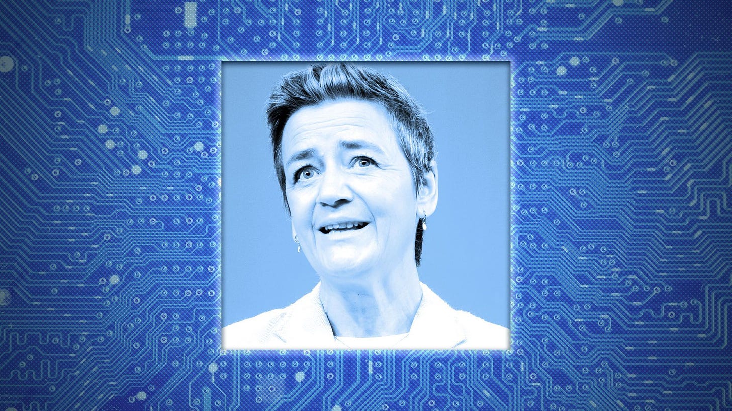 Photo illustration of EU Executive Vice President Margrethe Vestager surrounded by computer textures similar to a motherboard 