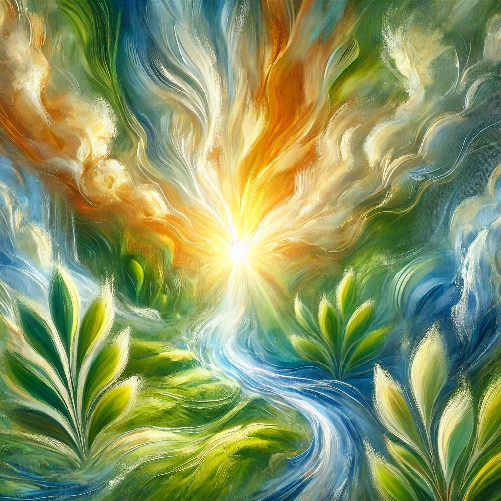 A beautiful, expressive oil painting symbolizing the process of healing and curing disease. The scene features a radiant light emerging from a central area, surrounded by vibrant greens and blues representing vitality and life. Soft, flowing brushstrokes suggest energy and renewal, with warm golden hues blending into calming shades of green, symbolizing balance and health. Abstract forms resemble leaves, water, and light waves, creating an environment that feels serene and restorative. The painting conveys a hopeful, uplifting sense of wellness and the power of healing.