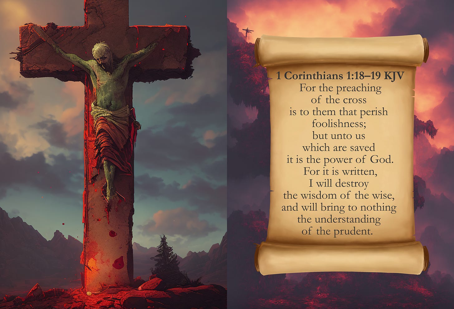 Horrific Old Rugged Cross KJV Card - 1 Corinthians 1:18–19 KJV - For the preaching of the cross is to them that perish foolishness; but unto us which are saved it is the power of God. For it is written, I will destroy the wisdom of the wise, and will bring to nothing the understanding of the prudent. 