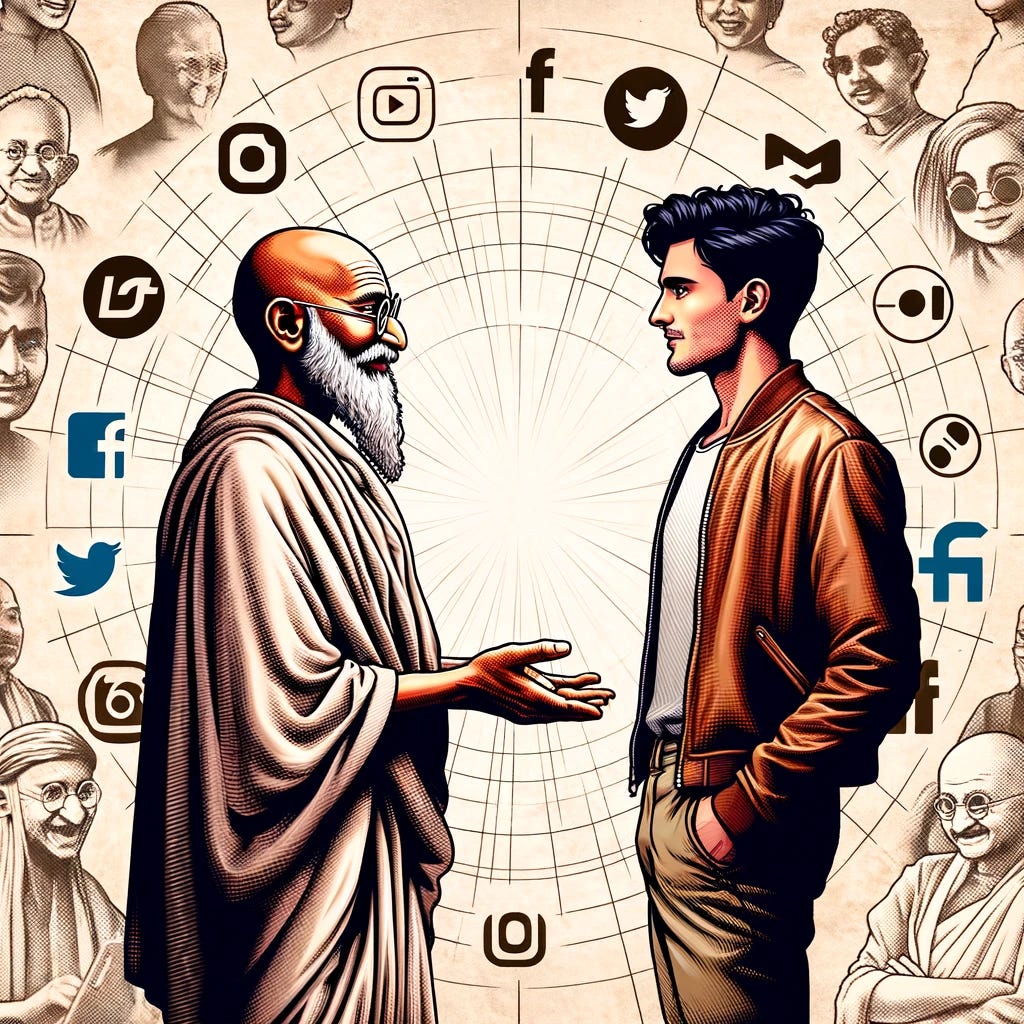 In a neutral background filled with subtly floating logos of various social media companies, a comic-style graphic showcases a meeting between two contrasting figures. On one side, we have a guru, inspired by Mahatma Gandhi, with simple traditional attire, embodying wisdom and serenity. This elder figure has a peaceful expression, exuding a sense of enlightenment and humility. On the opposite side, a young, fashionable male influencer stands out with his trendy clothes and stylish hair, representing the modern digital age. He holds a posture of confidence and charm. Both characters are locked in a gaze of mutual awe and respect, highlighting an intriguing juxtaposition of traditional wisdom and contemporary influence. The composition skillfully blends the old with the new, suggesting a bridge between generations and ideologies.
