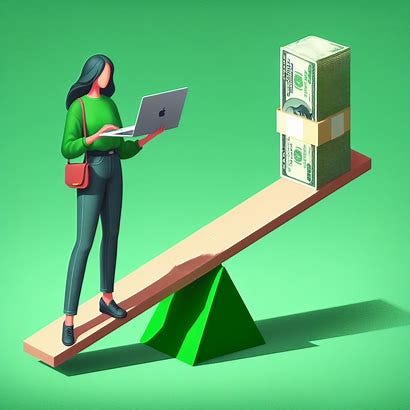 Digital art. A casually dressed woman holding an open Macbook with both hands stands near a green seesaw on a green triangular fulcrum, and she holds the lower end of the seesaw down with her foot. A tall stack of hundred dollar bills is on the top end of the seesaw. There is a green background. 