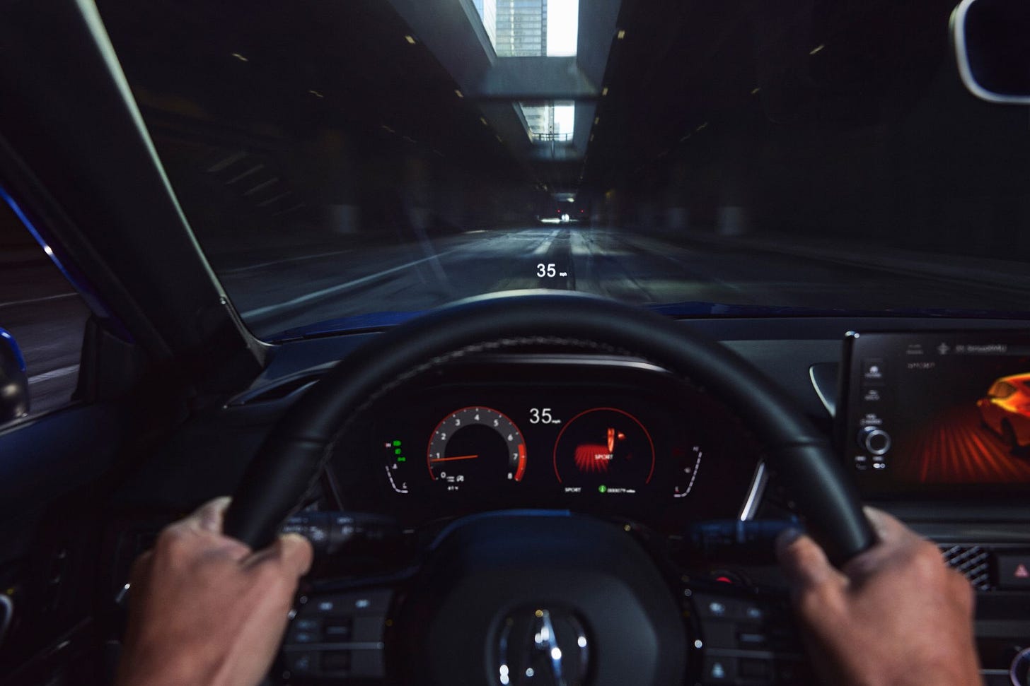 driver's eye view from acura integra interior, motion blur and 35mph indicated speed on HUD