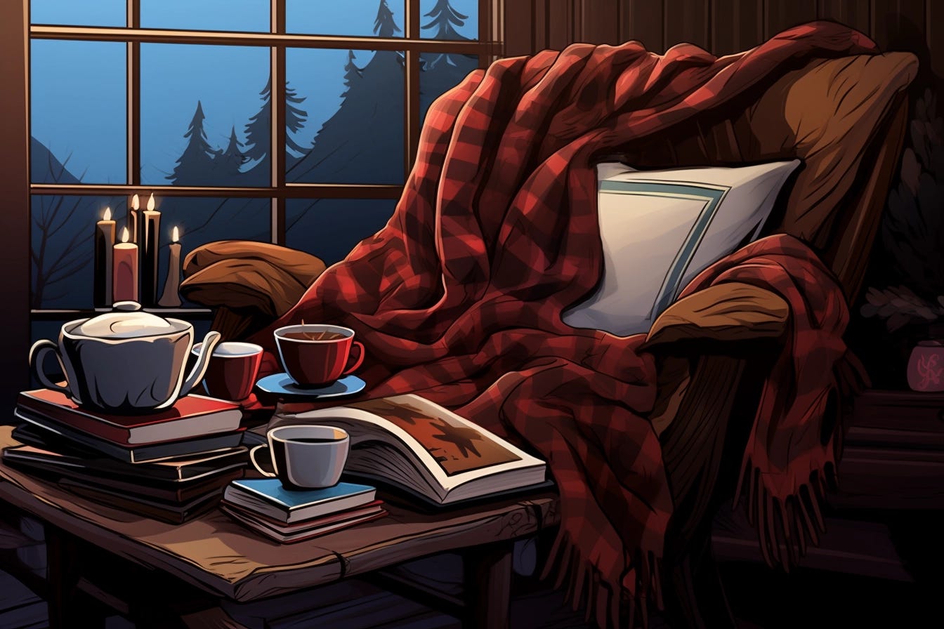 An illustration of a stuffed arm chair with a pillow and a plaid buffalo fuzzy blanket on it. It sits next to a window looking out on coniferous trees at night. In front of the chair. Is a small wooden table piled high with books, and several tea mugs, and a tea pot. The chair sits in a cabin looking space.