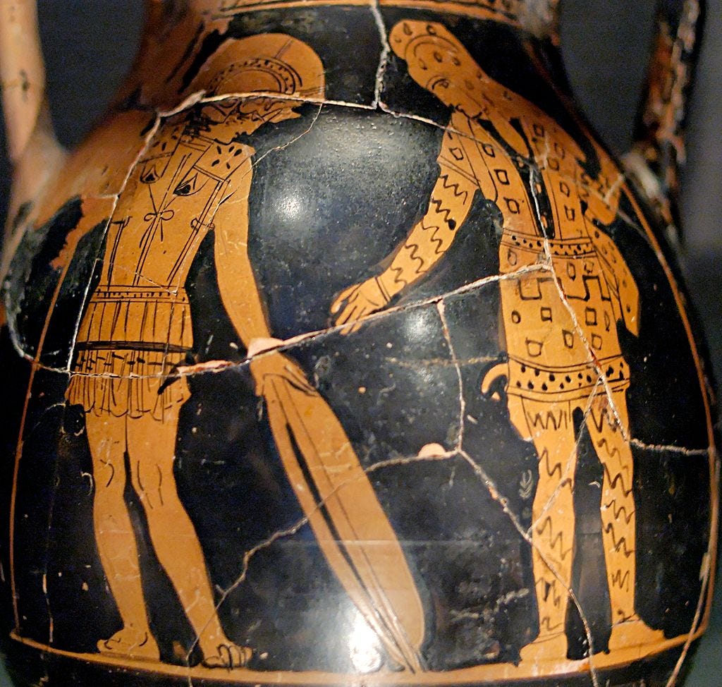 Diomedes (on the left) exchanging weapons with Glaucus, a captain of the Lycian army. Attic red-figure pelike by the Hasselmann Painter, ca. 420 BC. From Gela, Nocera Colletion. Stored in the Museo Regionale Archaeologico in Gela.