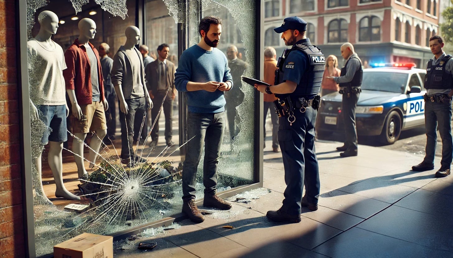 A realistic depiction of a crime scene showing a broken storefront with shattered glass and signs of robbery. The store owner, a middle-aged person wearing casual clothing, is talking to a uniformed police officer, who is taking notes. The scene is set in an urban environment during daylight, with onlookers in the background. The area shows only a clean sidewalk in front of the storefront, with no yellow streaks or markings visible.