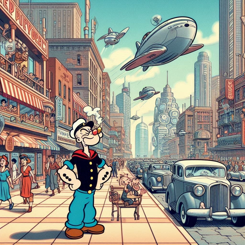 Popeye on the sidewalk in a busy futuristic solarpunk city, flying cars, 1930s cartoon style