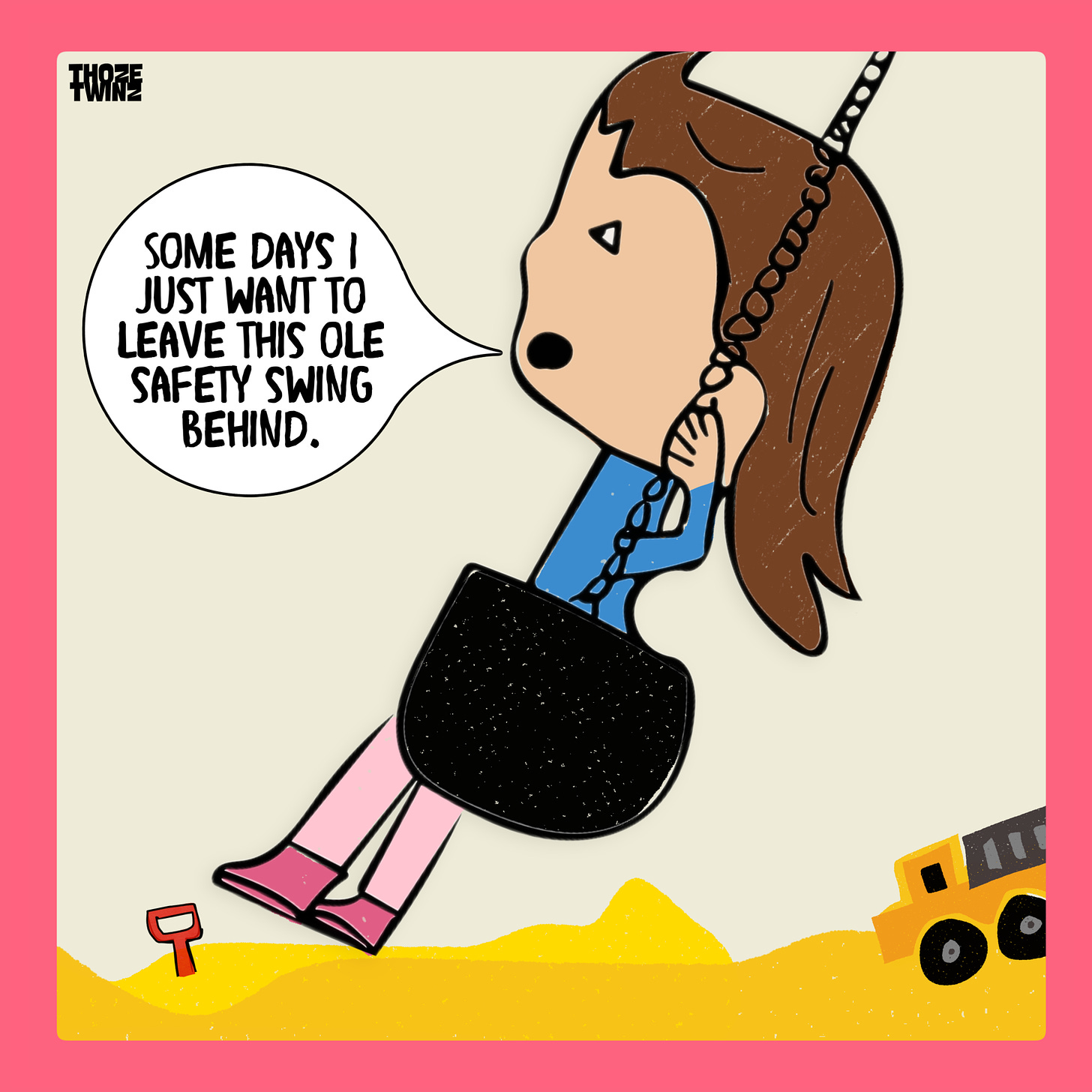 A cartoon about a toddler in a safety swing longing for the day when she will be free to use the big-kid swings