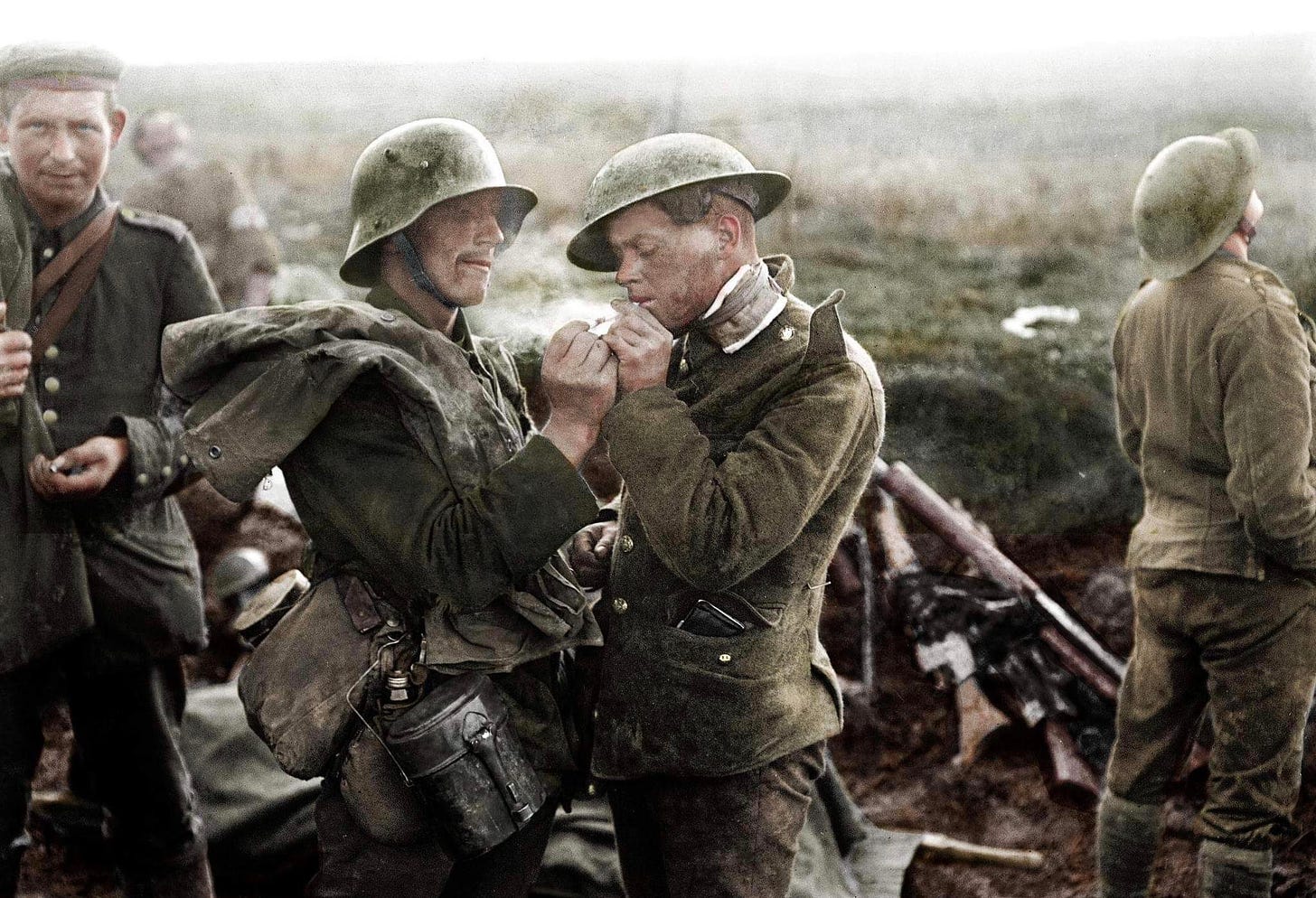 A German and British soldier share a cigarette during the Christmas ...