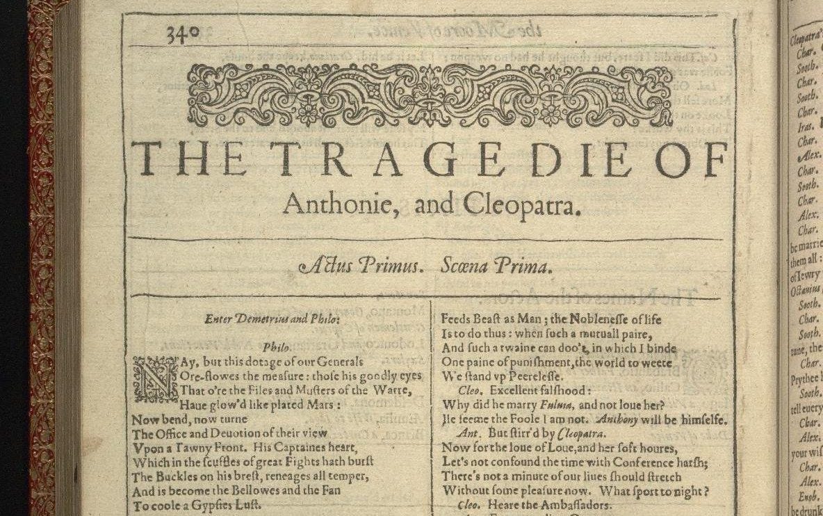 A page from a historical book titled "The Tragedie of Anthonie, and Cleopatra," featuring a dialogue and stage directions in old English typography. A page from a historical book titled "The Tragedie of Anthonie, and Cleopatra," featuring a dialogue and stage directions in old English typography.