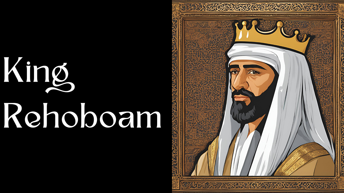 A picture of a Middle Eastern king next to the words, "King Rehoboam."