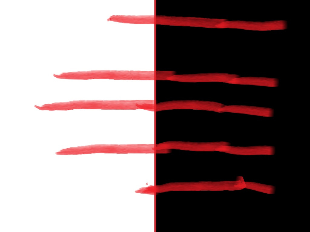 A thin red line divides a simple rectangle into black and white. Across it all are clawed bloodstains.