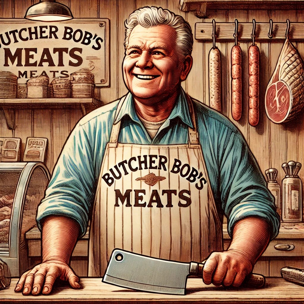 A single detailed panel featuring Bob the Butcher, a cheerful, middle-aged man in a butcher's apron. He stands behind the counter of his modest butcher shop, smiling while holding a large cleaver in one hand and a cut of meat in the other. The shop's sign 'Butcher Bob's Meats' is visible in the background, along with a display of different meats and sausages hanging from hooks. The setting is warm and rustic, giving a friendly small-town vibe.