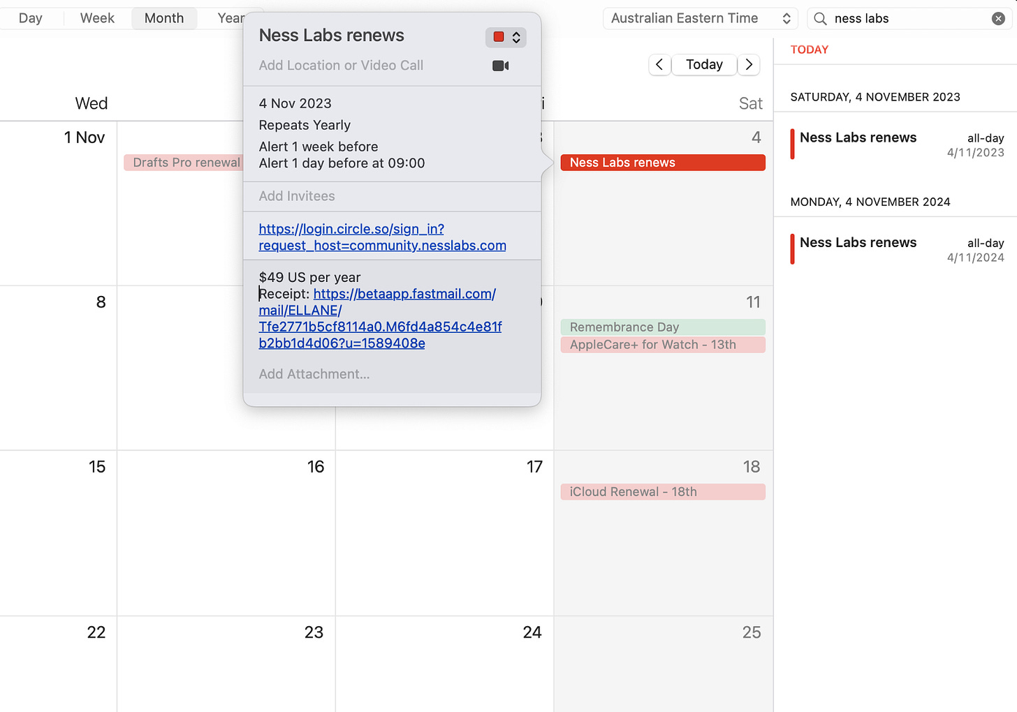 Screenshot of the author’s calendar, showing details of a subscription entry