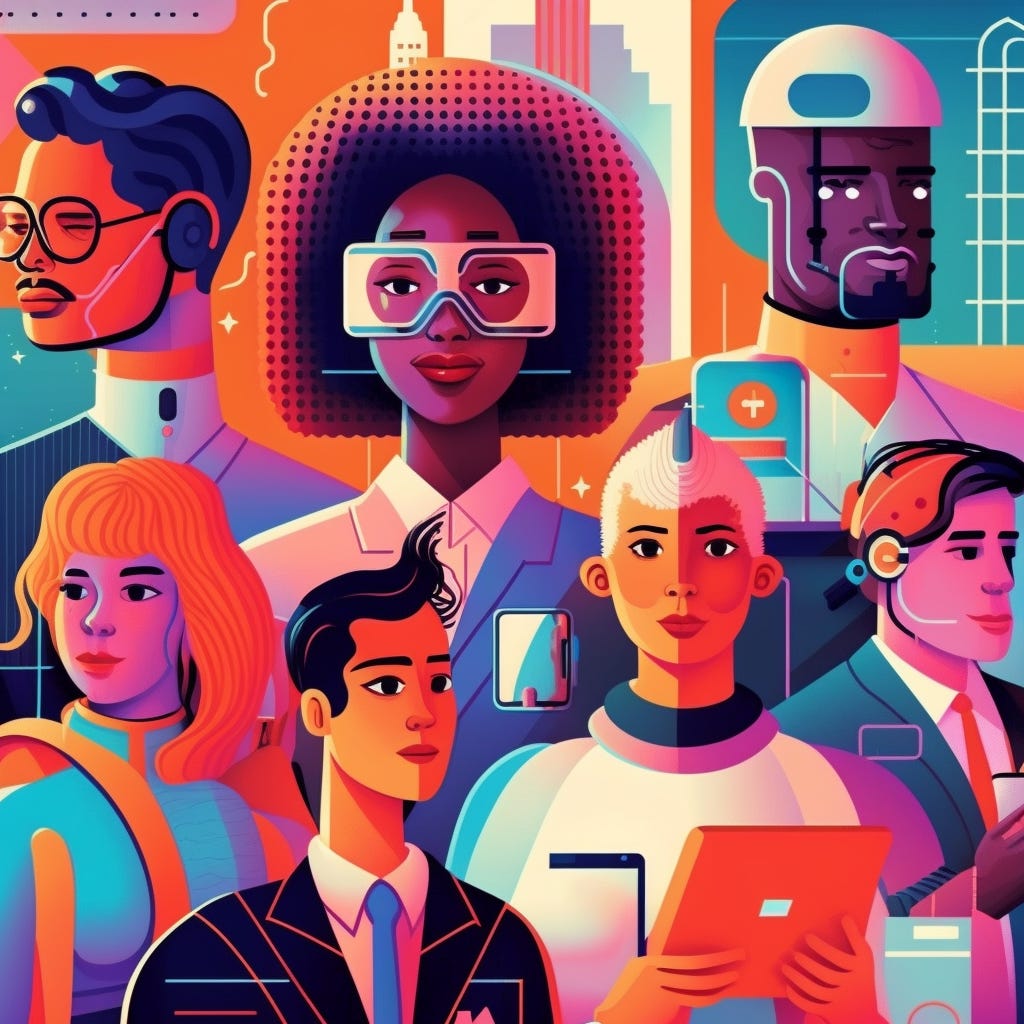 Colorful illustration of different workers in the future with AI technologies. Generated by Midjourney.