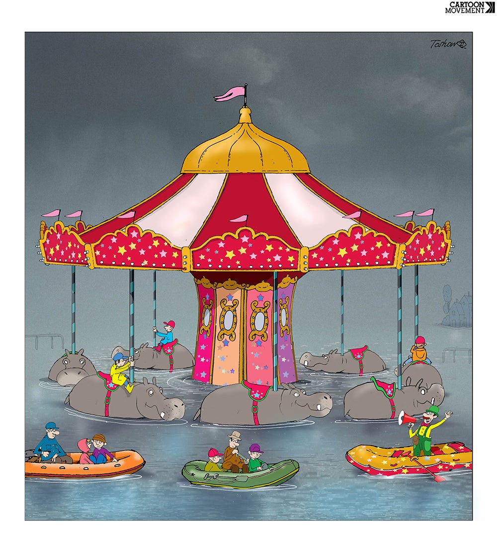 Cartoon showing a carousel with happy children on it. The carousel is half submerged in water because of climate changes. Instead of wooden horses, the children ride on real hippo's, while other children are waiting in rubber boats for their turn.