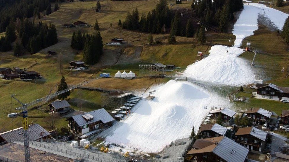 The final slope and the finish area during preparation works with snow guns for the FIS Alpine Skiing World Cup in Adelboden, Switzerland, 28 December 2022