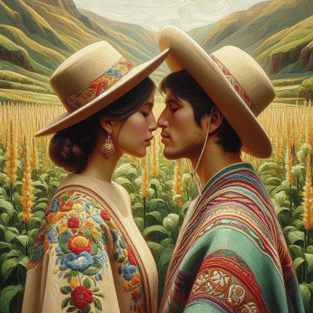 Hyper Realistic oil Painting in thick  chunky oils. Whispers of Affection being shared in wisps from the lips of a man to the lips of a woman. They are dressed in natural colors with embroidery in gold on crream.t comfortable clothes. A green aura moves between them. Peruvian textile tapestries woven alpaca wool, llama wool/cotton. vibrant, colors, natural dyes Fields of green plants and small trees with tiny leaves. Vast distance 