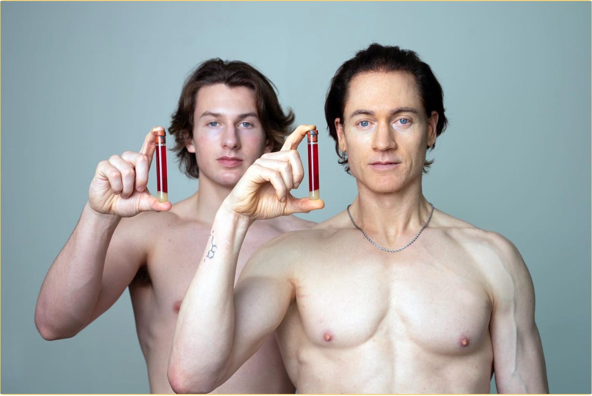 Bryan Johnson, who's kind of a lumpular greasy looking white guy, in front of his son, who's equally as white giving frat boy vibes. Both are shirtless, holding test tubes of blood. It is very obvious that Bryan is in his 40s.