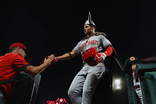 Noelvi Marte of the Cincinnati Reds celebrates after hitting aa home run against the St. Louis Cardinals in the seventh inning at Busch Stadium on...