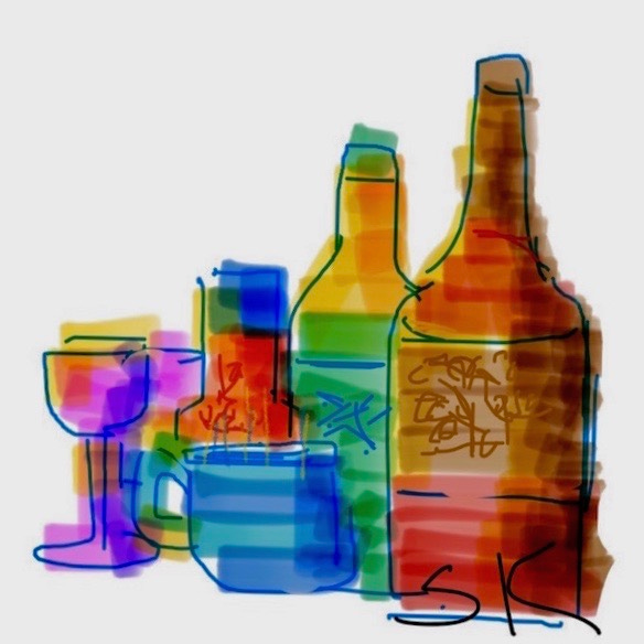 Painting by Sherry Killam Arts of multicolored bottles and glasses.