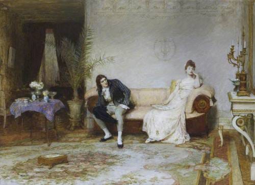 Regency man and woman looking distraught while sitting on a small sofa. 