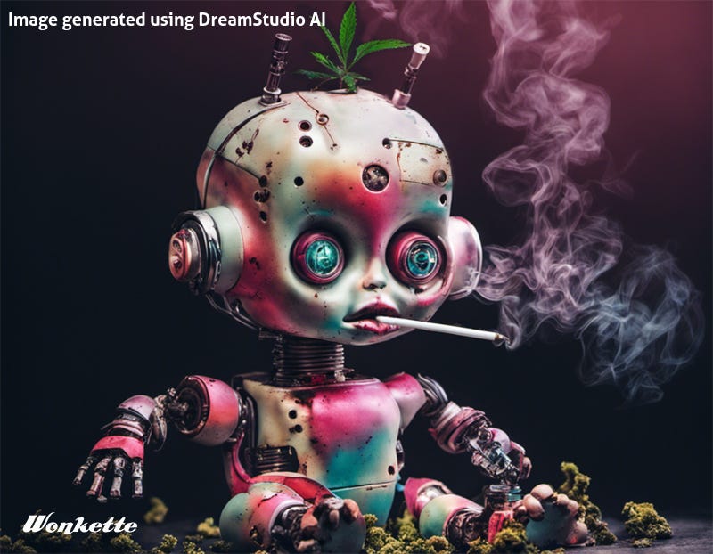 A disturbing AI-generated image of a robot baby doll in bad repair, with cracks, patches, and broken parts, smoking a joint, with little bongs and a marijuana leaf growing out of its head.
