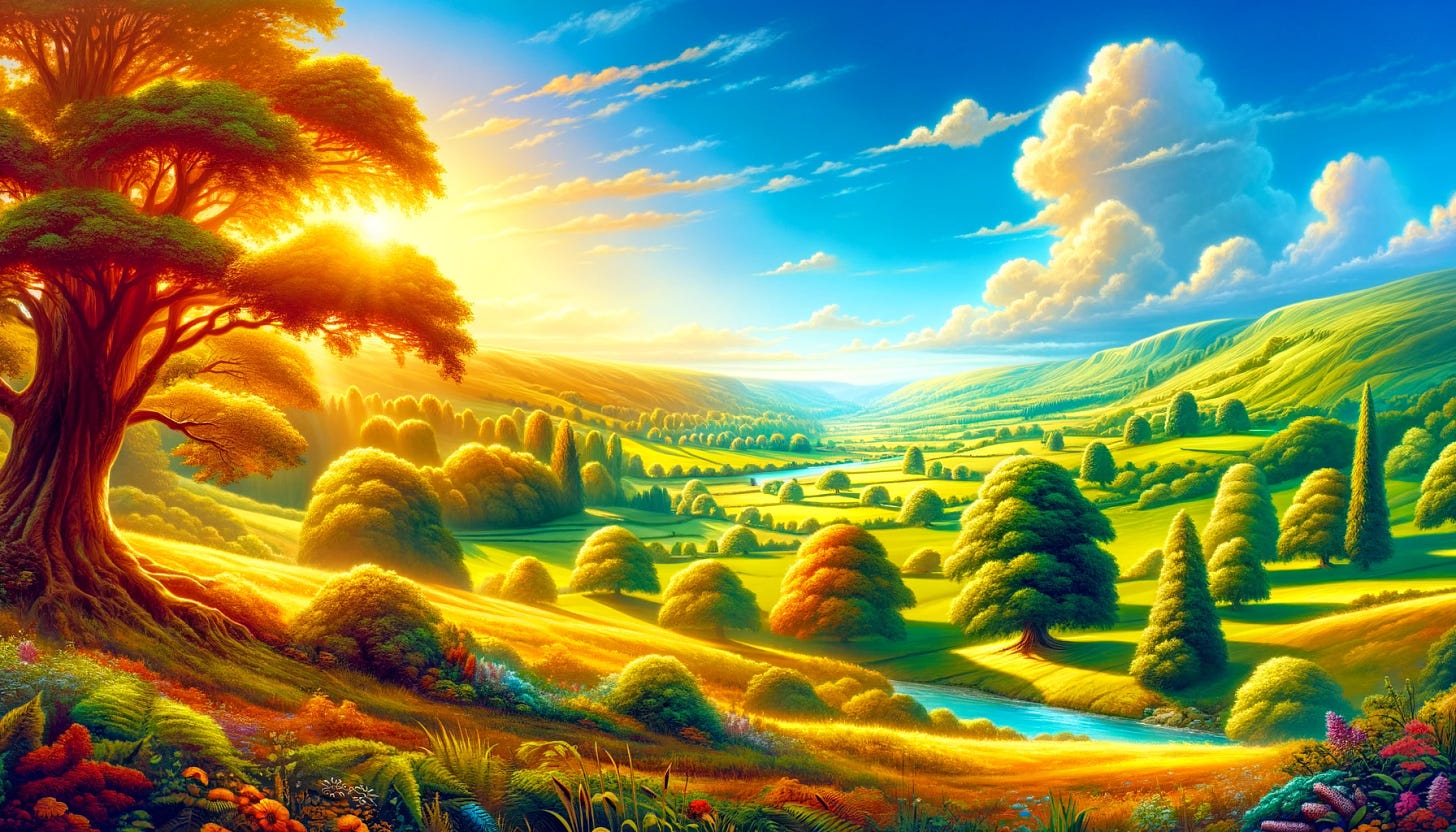 A vibrant and serene rendering of the bright countryside from Chapter 3 of C.S. Lewis' The Great Divorce. The landscape is lush and green, with rolling hills, vibrant meadows, and a clear, blue sky. The sunlight bathes the scene in a warm, golden glow, creating an atmosphere of peace and tranquility. There are towering trees with full, green canopies and a sparkling river winding through the countryside. The overall scene is bright, colorful, and inviting, evoking a sense of hope and renewal.