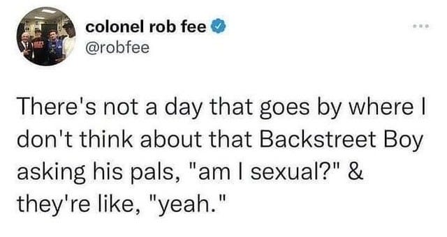 r/Xennials - colonel rob fee There's not a day that goes by where I don't think about that Backstreet Boy asking his pals, "am I sexual?" & they're like, "yeah."