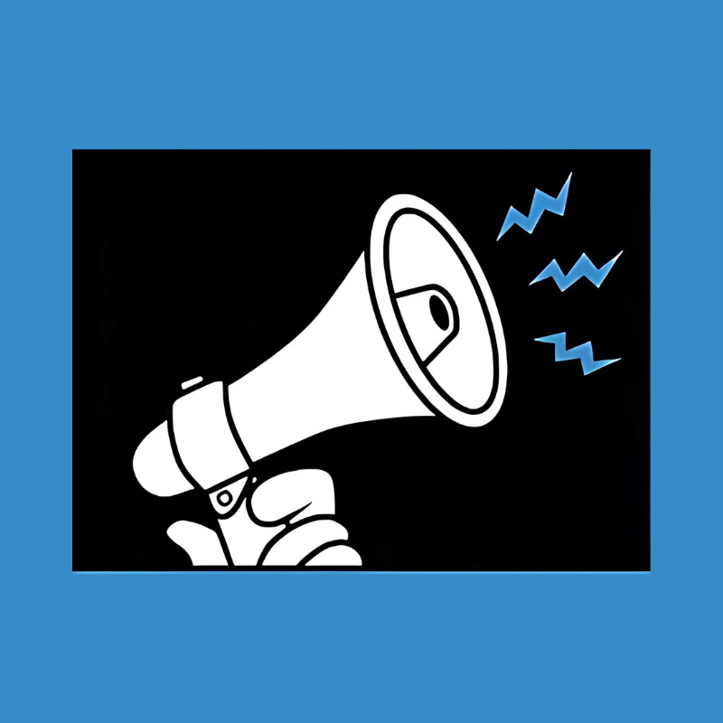 Simple graphic of a white megaphone emitting blue sound waves, held in a hand against a black background, bordered in blue. Simple graphic of a white megaphone emitting blue sound waves, held in a hand against a black background, bordered in blue.